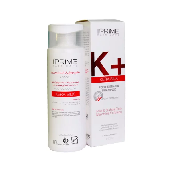 شامپو فاقد سولفات موهای کراتینه شده پریم مدل +K حجم 250 میلی لیتر _ Prime K+ Kera Silk Post Keratin Shampoo 250 ml _ پریم